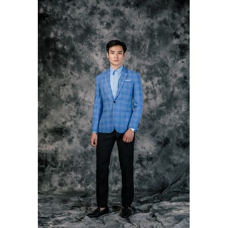 Check Blue Wool and Linen Blazer 25010DT604